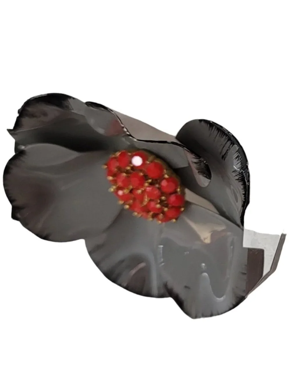 Vintage Scarlet Red Rhinestone And Gray Metal Flower Brooch Pin E650